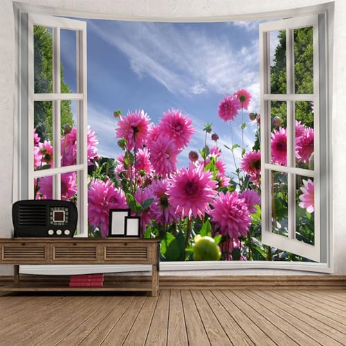 Tenture murale 150x150 vue de la fenêtre tapisserie tissu motif paysage fleurs 3D