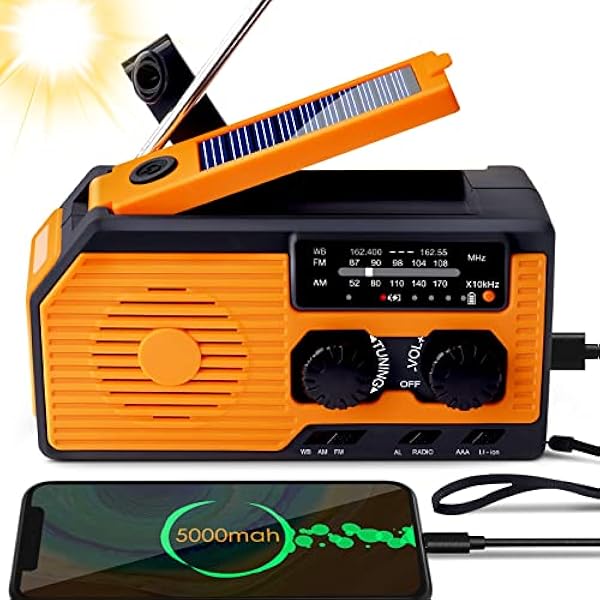 UniPlus Radio di Emergenza con Ricarica Solare, Manovella,Batteria da 5000 mAh, Caricatore di Tipo C con Torcia, Lampada da Lettura, Allarme SOS e AM/FM per la Sopravvivenza ai Disastri
