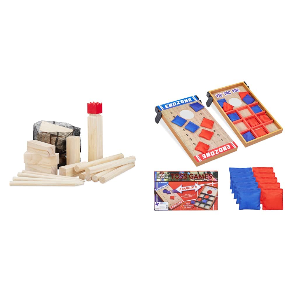 Relaxdays Wikinger Wurfspiel aus Kiefernholz, Natur Kubb Wikingerspiel, roter König, groß, Gartenspielzeug mit Tasche & 10022795 Wurfspiel 2 in 1, Cornhole & Tic Tac Toe, 10 Bean Bags