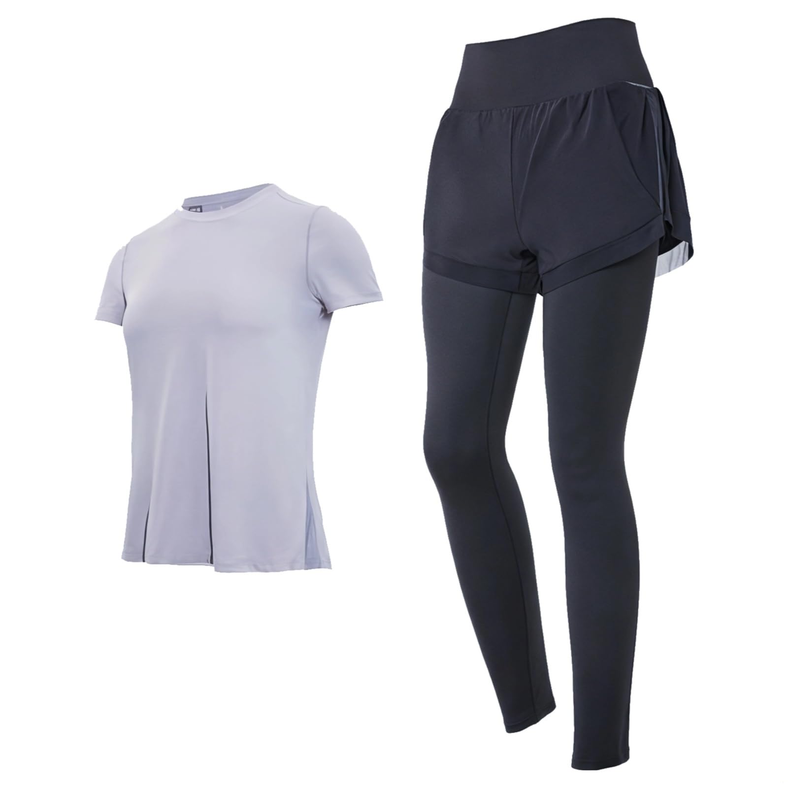 Conjunto de pilates de dos piezas negro para mujer, manga corta, casual y activo, XXL, tela transpirable, Lila y negro, talla única