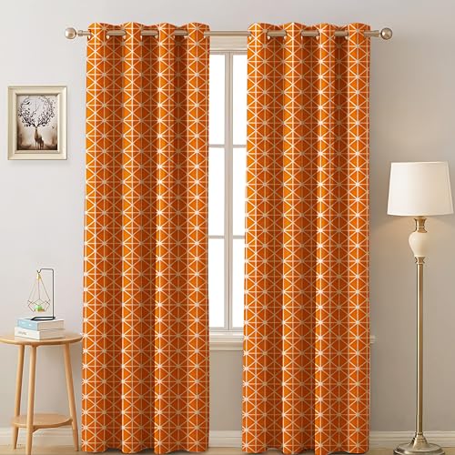 Image of Amazon Basics - Geometric Print Light Filtering Curtains | 100% Cotton 150 TC | Set of 2 | 7 Feet | 115 x 210 cm | Orange | Eyelets & Tiebacks| Ideal for Bedroom and Living Room