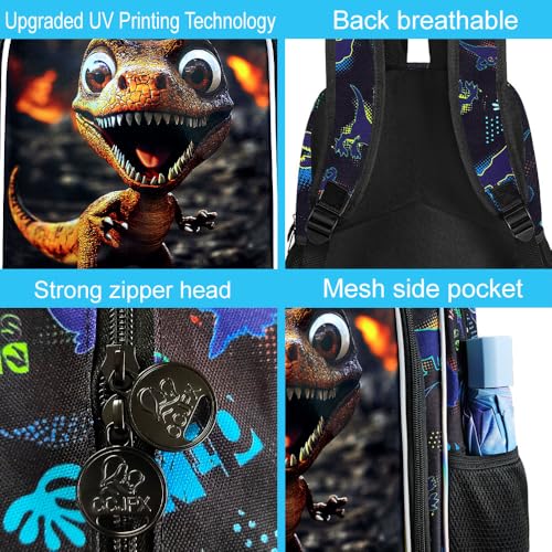 Image of 16 inch Dinosaur Backpack for Boy, 3Pcs Soccer Bookbag for Elementary Preschool Kindergarten, Kids School Backpacks with Lunch Box (Black)