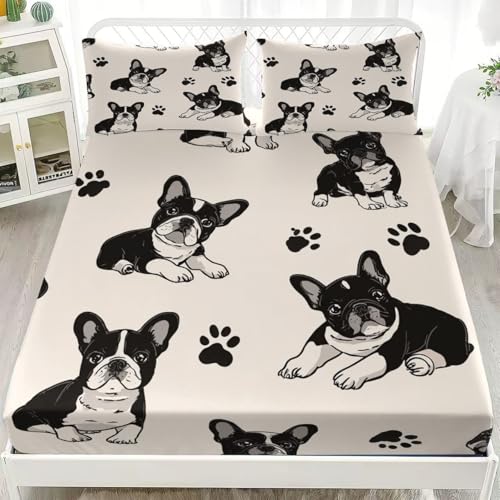 Singolo Set Di Biancheria Da Letto Bulldog Francese Dei Cartoni Animati Lenzuolo con Angoli 90x200x30 cm, Antiscivolo Traspirante Lenzuolo Sotto con Angoli In Bianco E Nero Per Adolescenti e Adulti