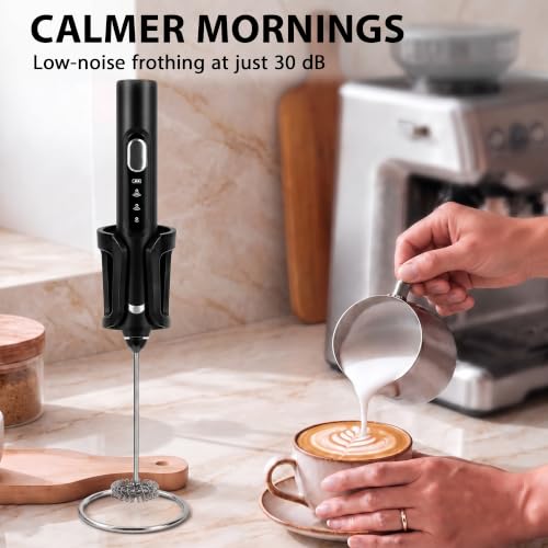 SOIOVO Handheld Milk Frother, Rechargeable 3-Speed Electric Whisk with 3 Detachable 304 Stainless Steel Heads, 6000/7000/8000 RPM, 1200mAh USB-C Coffee Mixer with Storage Stand, Matte Black - image 7