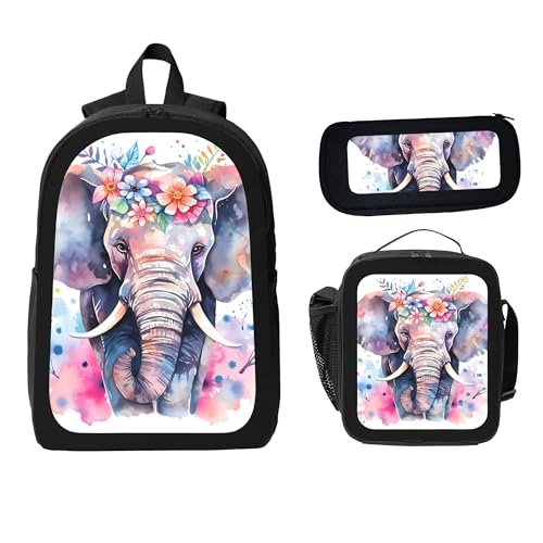 Colorful Animal Elephant 3 Pcs 17 Inches Backpack Set with Insulated Lunch Bag And Pencil Pouch Large Back Pack for Men Women Lunchbox Pencil Case Waterproof Backpacks Lunch Box 3 Piece Daypacks2