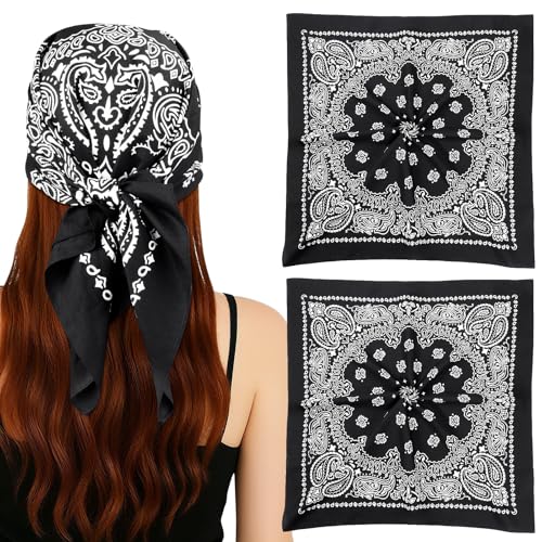 MELLIEX 2 Pièces Bandana Foulard Homme Femme, Coton Paisley Foulard Cheveux, Cowboy Bandeau Cheveux, 70 x 70 cm, Noir et Noir