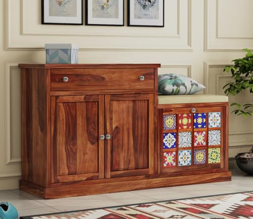 Image of The Attic Lewiston Shoerack, Shoe Storage Cabinet for Home, Shoe Rack with Seat & Door, Shoe Organizer, Shoe Rack for Home, Honey Matte Finish