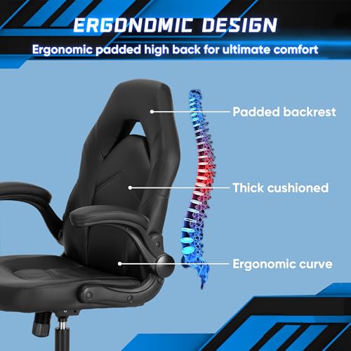 Image of Ergonomic Computer Gaming Chair - Big and Tall with Comfy Lumbar Support, Height Adjustable Home Office PU Leather with Flip-up Armrest, 360 Rolling Video Game, Black