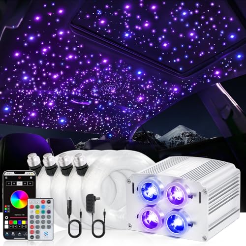 Image of 4 Colors 32W Twinkle Car Starlight Headliner Kit 700pcs*0.03in*13.1ft with APP&RF Remote,RGBW Fiber Optic Strands Star Roof Lights,4 Port Engine Sound Activated Ceiling Star Lights for Home /Car Decor