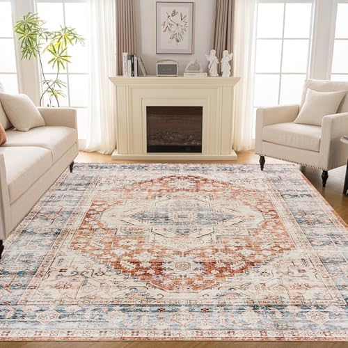 Area Rugs 8x10 for Living Room - Machine Washable Non Slip Vintage Rug for Bedroom - Large Low Pile Lightweight Print Floor Carpet for Dining Room,Home Office,Vintage Blush Blue