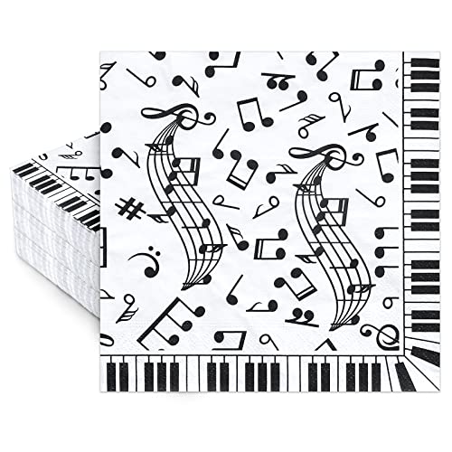 Whaline 80 Pcs Music Notes Paper Napkins 6.5 x 6.5 Inch Musical Notation Disposable Luncheon Napkin Black White Piano Keys Prints Lunch Napkin for Music Celebration Dinner Tableware Party Supplies