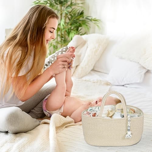 Image of XUANGUO Large Cotton Rope Baby Diaper Caddy Organizer Basket Oatmeal | Nursery Storage Bin, Portable Baby Tote Bag for Changing Table or Car, Baby Shower Gifts Bag, Newborn Essentials, Registry