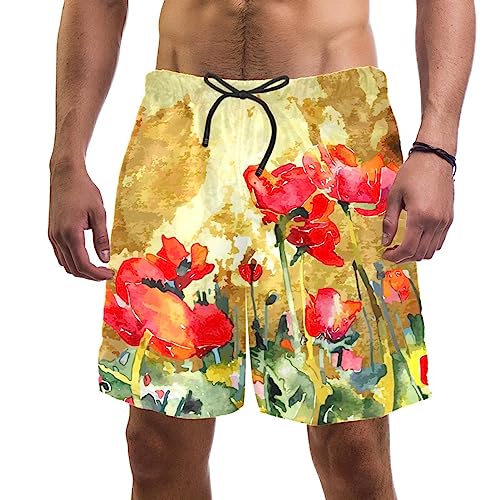 Short de plage hommes VERED maillots de bain fleur de coquelicot aquarelle