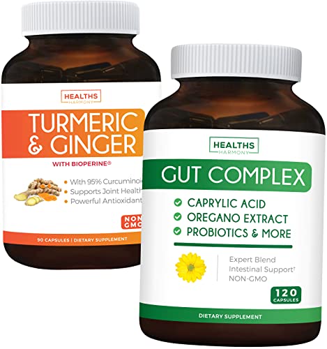 Save $11 (23% Off) - Gut Balance Bundle - Gut Complex With Caprylic Acid For Balanced Gut Health & Probiotic Support (120 Capsules) & Turmeric & Ginger With 95% Curcuminoids & Bioperine (90 Capsules) #TOP20