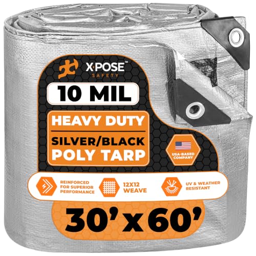 Image of Heavy Duty Poly Tarp - 30' x 60' - 10 Mil Thick Waterproof, UV Blocking Protective Cover - Reversible Silver and Black - Laminated Coating - Grommets - by Xpose Safety