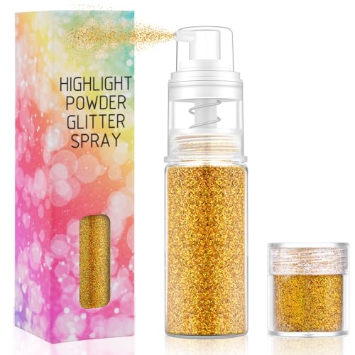 AOOWU Glitter Spray, Glitter Corpo e Capelli con 1 Ricarica, Spray Glitterato Glitter Polvere Trucco, Polvere Ultrafine Glitter per Halloween, Club, Feste, 17g(Oro laser)
