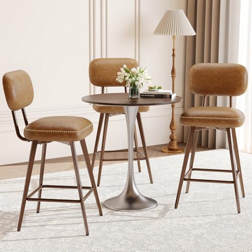 Image of MALOL 26 inch PU Leather Swivel Bar Stools Set of 3, Mid Century Counter Height Bar Chairs with Low Back and Metal Legs, Modern Bar Stool Chair for Kitchen Island, Brown