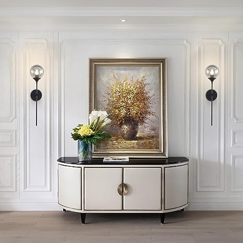 Image of KCO Lighting 1-Light Matte Black Mid Century Wall Sconce Set of Two Modern Bathroom Vanity Globe Wall Light Set of 2 Vintage Smoke Gray Glass Wall Bedroom Wall Lamp
