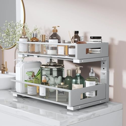 Image of 1 Pack 19IN Depth Under Sink Organizer, 2-Tier Pull Out Cabinet Organizer With Smooth Circular Rail, Large Capacity Metal Mesh Sliding Drawers For Bathroom& Kitchen Storage,Height Adjustable-Gun Gray
