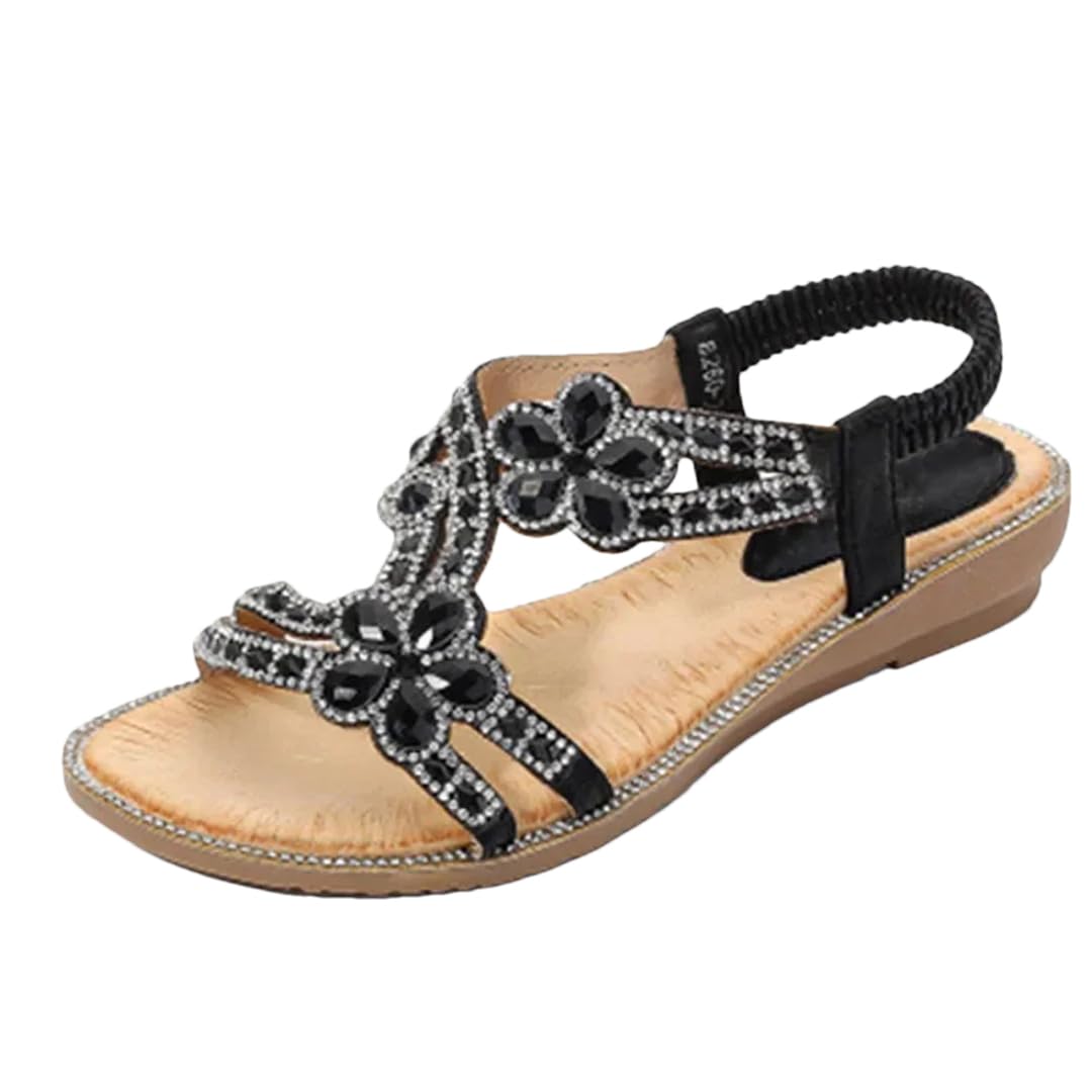 Sandalias de gladiador con banda elástica para mujer, correa delantera y trasera, tacón de cuña, parte superior de poliuretano, bohemio, floral, casual