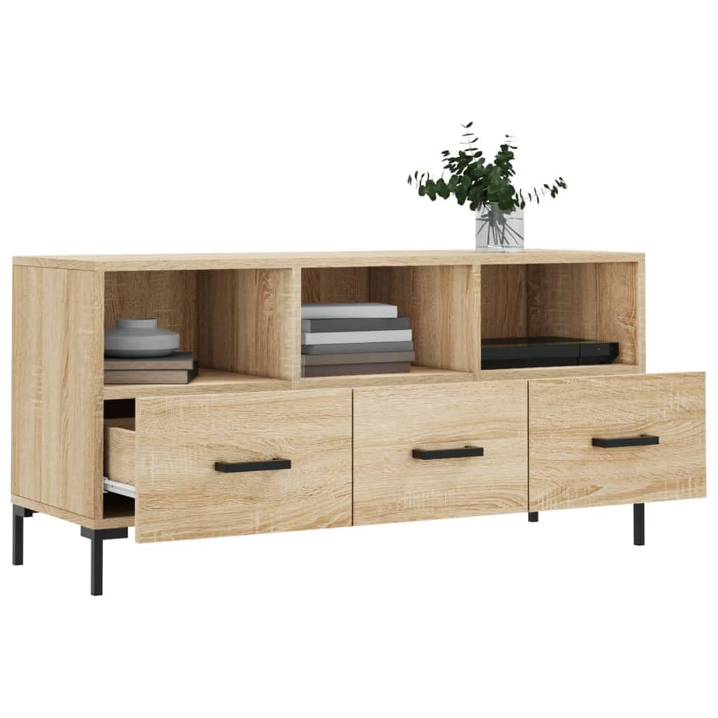 TV-Schrank Sonoma-Eiche 102x36x50 cm, robuster Holzwerkstoff Media-Center mit 3 Fächern und 3 Schubladen, modernes Wohnzimmer Entertainment-Möbel