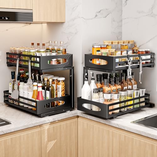 Image of mixeshop Under Sink Organizer, 2 Tier Under Sink Organizers and Storage, Adjustable Height, Slide out Metal Cabinet Organizers, Pull out Cabinet Storage Drawer Shelf for Kitchen Bathroom (Black, 2)