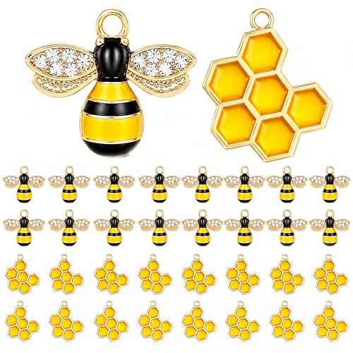 Hicarer 60 Pcs Bee Charms for Jewelry Making Crafts Bee Pendants with Rhinestone Honeycomb Charms for DIY Earrings Necklace Bracelet Keychain Making Accessories