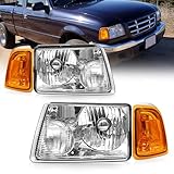 AS For 2001 2002 2003 2004 2005 2006 2007 2008 2009 2010 2011 Ford Ranger Headlight Assembly with Clear Lens Chrome Housing Large Amber Corner Lights Headlamp Replacement Pair