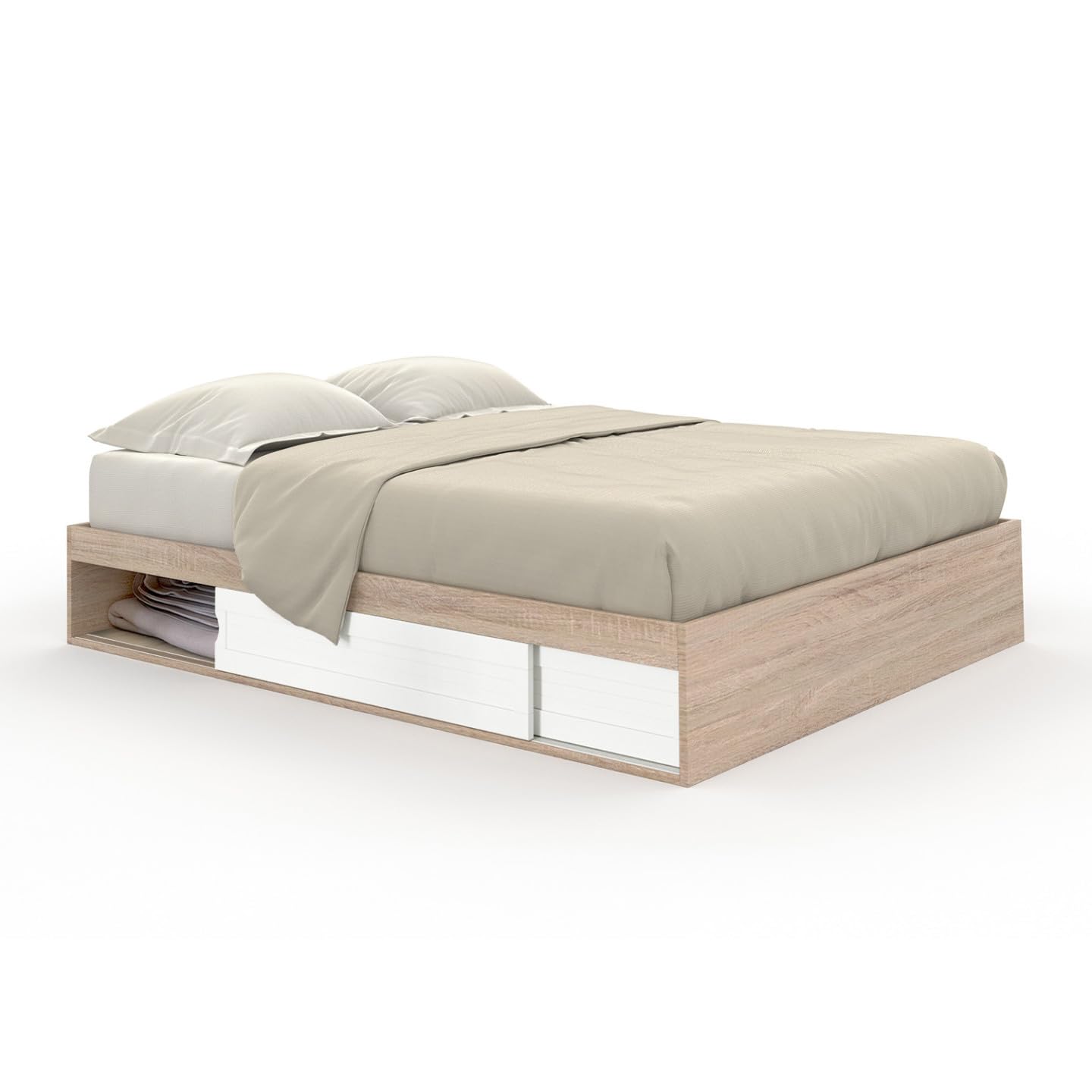 IDMarket - Cadre de lit Double Salem avec rangements et sommier 160 x 200 cm façon hêtre et Blanc