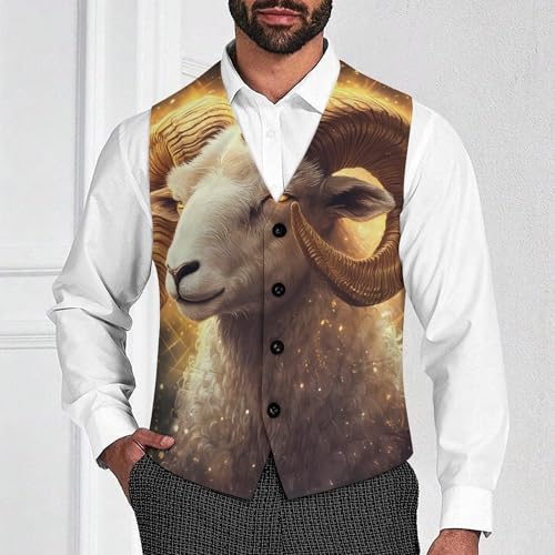 Zodiac Sign Aries Golden Suit Vest for Men Slim Fit Tuxedo Waistcoat Button Down V Neck Business Dress Coat4