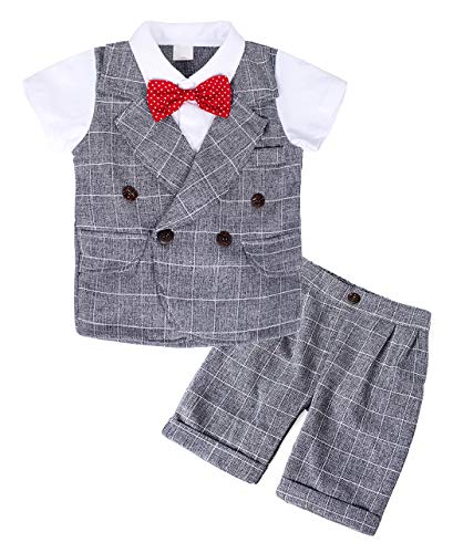 MetCuento Baby Boy Formal Outfit Toddler Summer Clothes Bow Tie Vest Waistcoat Tuxedo Wedding Gentleman Toddler Dress Suit Grey 2T Age 2-3 Years