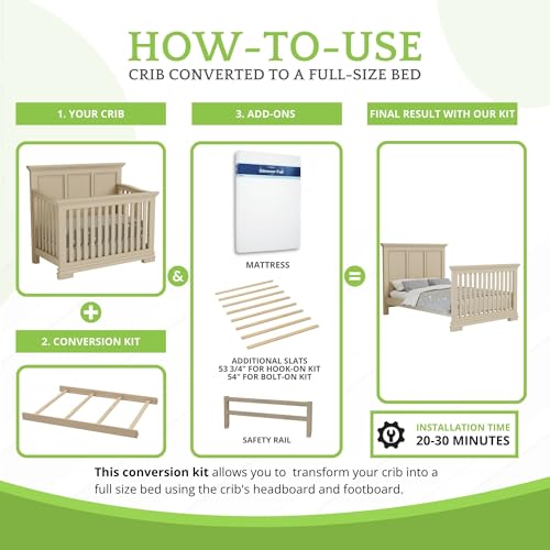 Image of Full-Size Conversion Kit Bed Rails for Oxford, Soho, Ozlo & Avalon Baby Convertible Cribs - Solid Wood - Toddler and Adult Rail for Full-Size Bed - Nursery & Baby Furniture (Washed Sand, Hook-On Kit)