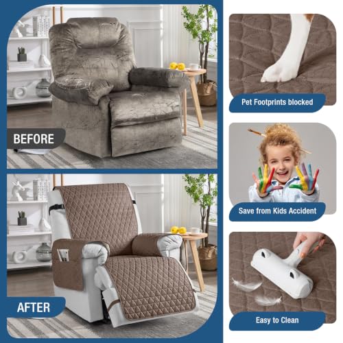 Image of TAOCOCO 100% Waterproof Recliner Chair Covers, Non Slip Recliner Covers that Stay in Place, One-Piece Washable Reclining Chair Cover with Elastic Straps, Brown, Fits 22 inch Seat Width