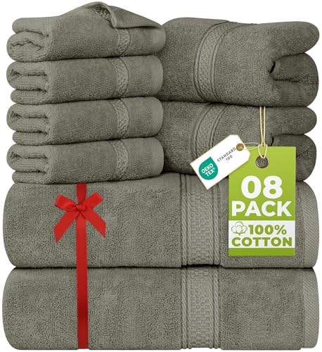 Utopia Towels 8 Piece Luxury Towel Set – Majestic Plush, Super Absorbent & Quicker-to-Dry, Thick 100% Ring Spun Cotton Towels for Bathroom, Spa & Hotel – 2 Bath, 2 Hand, 4 Washcloths, Dusty Olive