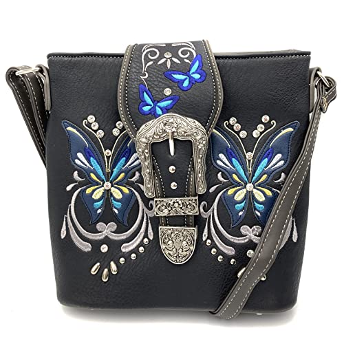 Justin West Floral Embroidery Butterfly Rhinestone Cross Stud Conceal Carry Handbag Purse