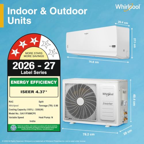 Image of Whirlpool 1.0 Ton 3 Star, New star rated, Magicool Inverter Split AC (MAGICOOL 10T 3S INV CNV S6K1PP0, Copper, Convertible 4-in-1 Cooling Mode, HD Filter White)
