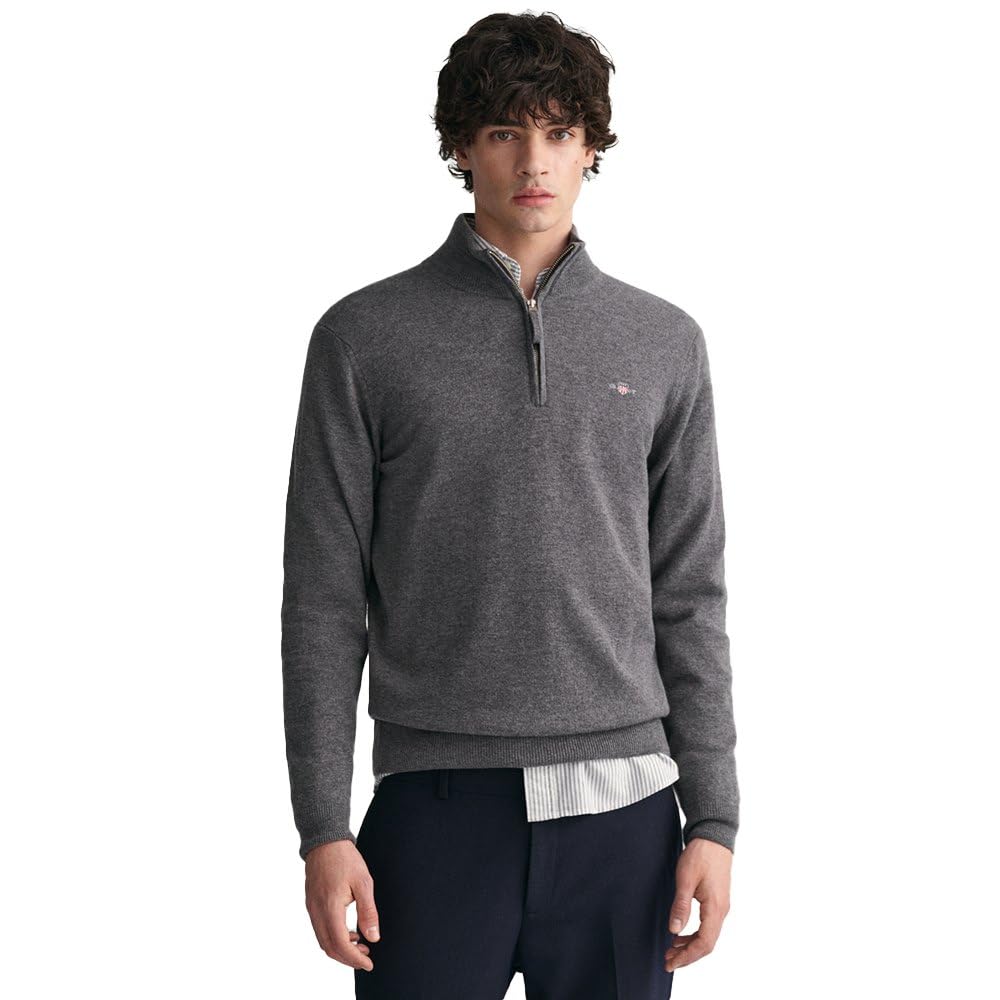Gant Men's Charcoal Melange Superfine Lambswool Half Zip Pullover Sweater,
