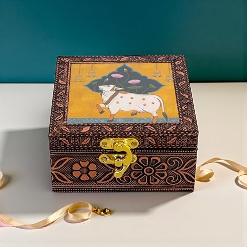 Image of Handcrafted Wooden Jewellery Storage Box with Lock (4 x 4 in) | Copper finish Oxidized Pichwai Cow Design | Decorative Organizer for Earrings Rings Bangles | Wedding Festive Gifting | Yellow