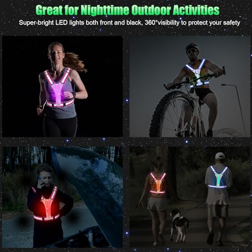 Collage of runners, a cyclist, and a dog walker wearing illuminated safety vests during nighttime activities