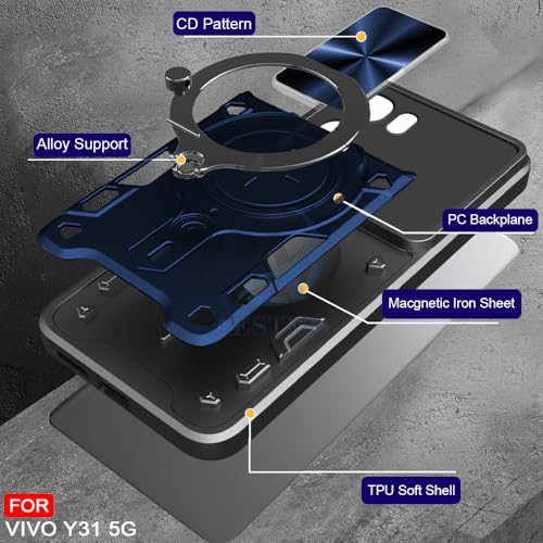 Image of AESTMO Armor Vivo Y31 5G Bumper Back Case Cover | Ring Holder & CD Pattern Sliding Camera Shutter Cover | Back Case Cover for Vivo Y31 5G (Blue)