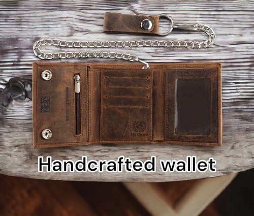 Image of F&L CLASSIC RFID Blocking Men's Tri-fold Vintage Biker Cowhide Leather Steel Chain Wallet,Snap closure, USA,Vintage buffalo brown,315