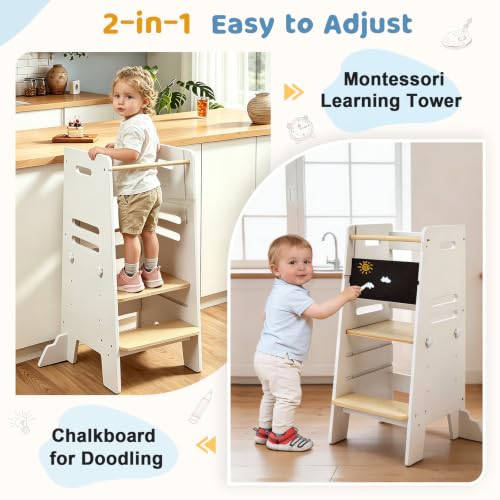 Foto von Labebe Montessori Lernturm ab 1 Jahr, 3-in-1 Learning Tower mit Tafel & Sitzbrett, 3-Fach höhenverstellbar, kippsicherer Küchenhelfer aus Holz für Kinder