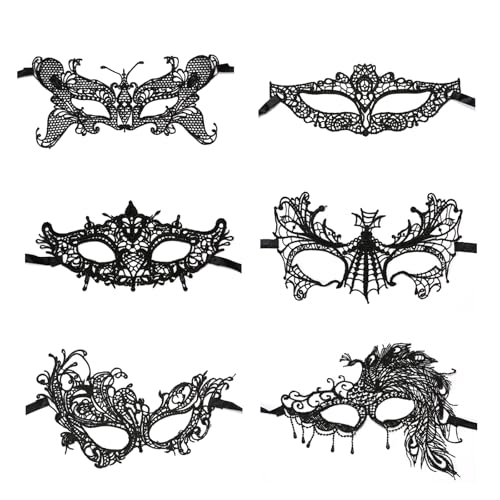 SnKaoyT 6 Pezzi Maschera Carnevale, Maschera di Pizzo Maschera per Donna, Maschera Carnevale Viso in Pizzo Maschere di Travestimento per Carnevale, Cosplay, Feste, Gotico, Nero