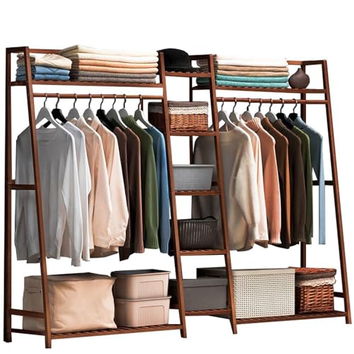 Perchero de bambú con estantes y riel de suspensión para dormitorio, armario abierto, perchero, toallas, zapatos y cajas