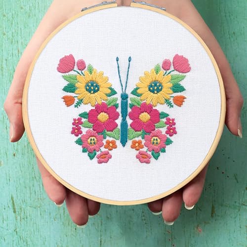 Image of Dimensions 72-70389 Butterfly Embroidery Needlepoint Kit for Beginners, 6 inch Diameter Hoop, Multicolor, 5 Pieces