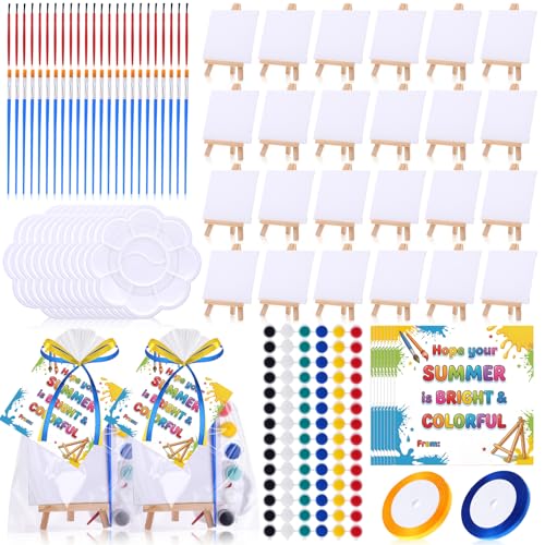 Colarr 24 Sets Summer Party Favors Gifts Bulk Mini Canvas Water Color Paint Set 4 x 4 inch Small Canvases for Painting with Wood Easel Mini Painting Canvas Card Gift Bag for Back to School Classroom