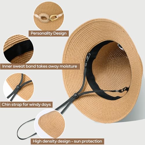 Image of Beach Sun Straw Hats for Women, UPF 50+ UV Sun Protection Wide Brim Summer Straw Hat Foldable Packable Roll up Cap