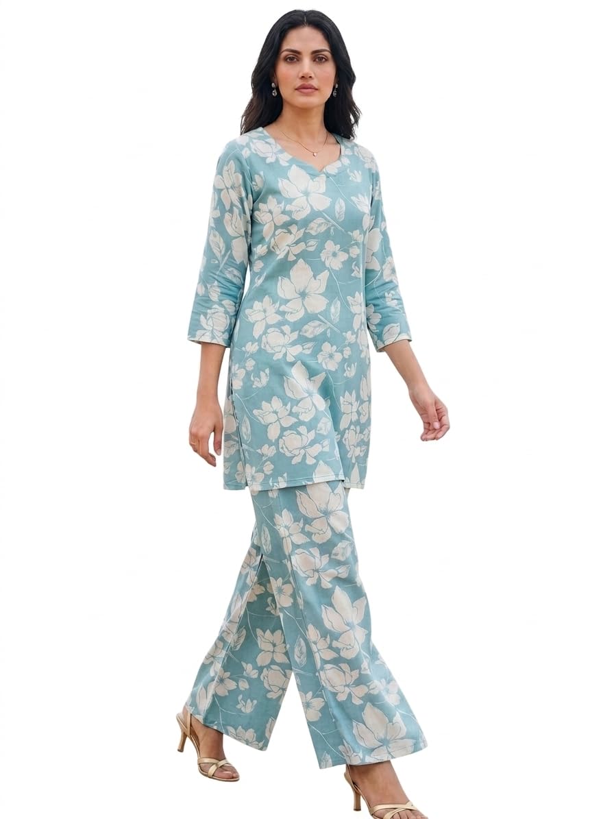 Cotton Women's Light Blue Floral Printed Co-ord Set | Casual Summer Cotton Kurti & Wide-Leg Pant Trouser Two-Piece Dress Matching Lounge Set for Women & Girls-image-47