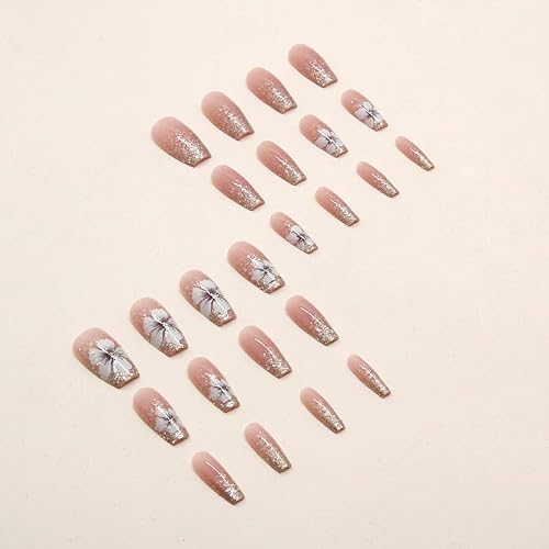 Diduikalor 24Pcs Medium Coffin Press On Nails, French Tip Artificial False Nails With Glue, Nude Colorway With Shimmering Sakura Motif Fake Nails, Medium Acrylic Stick On Nails For Women #TOP1