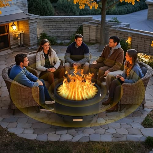 Brasero con parrilla, diámetro de 66 cm, cesta para fuego con protección contra chispas, barril grande para el jardín con atizador, sólido y estable, brasero de madera y carbón, incluye calefacción